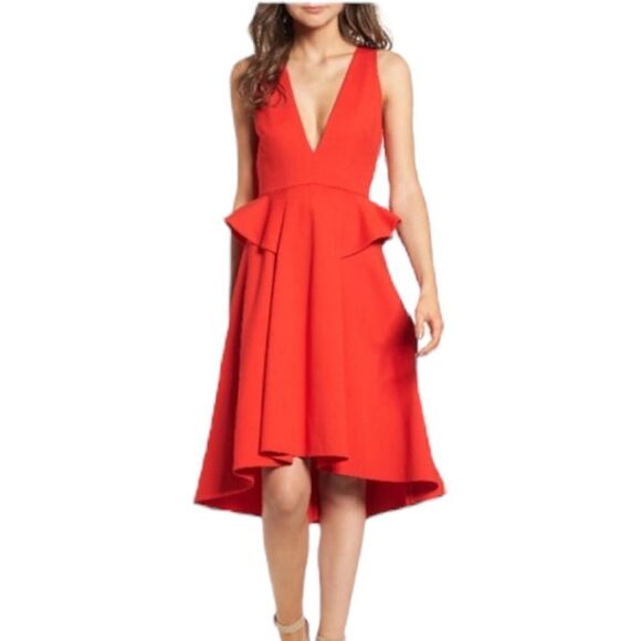 Red Dress Woman's Size XL Peplum Sleeveless High Low Hem Deep V-Neck Elliatt NEW - Picture 1 of 12